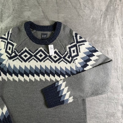 NWT GAP Mens Sweater Large Gray Fair Isle Knit Crew Neck Long Sleeve