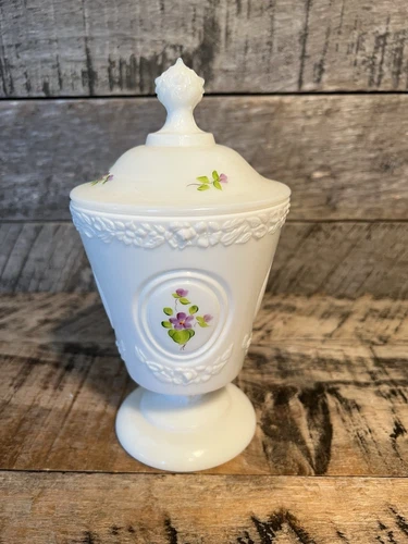 Vtg White Fenton Milk glass Pedestal Lidded Candy Dish Hand Painted Signed