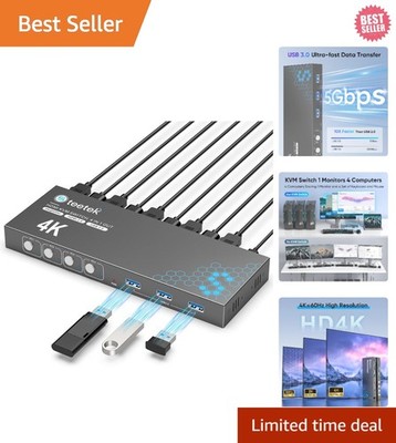 Compact USB 3.0 HDMI KVM Switch - 4 Computers, 1 Monitor with Cables Included