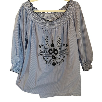 #ad Grand amp; Greene 2X Blue White Stripe Floral Embroidered Top On Off Shoulder $15.00