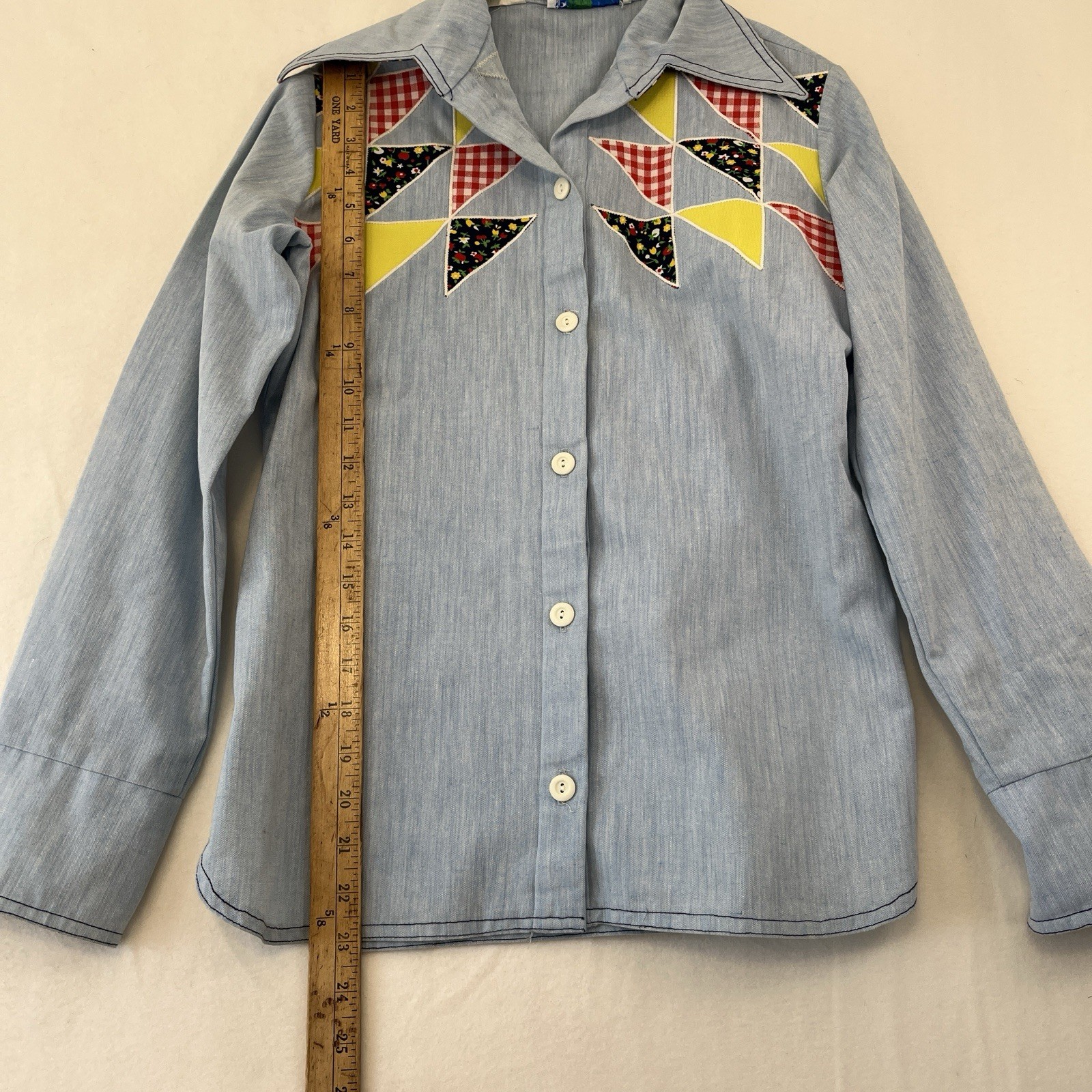 Vintage Chambray Patchwork Button Up Shirt Pant 7… - image 2