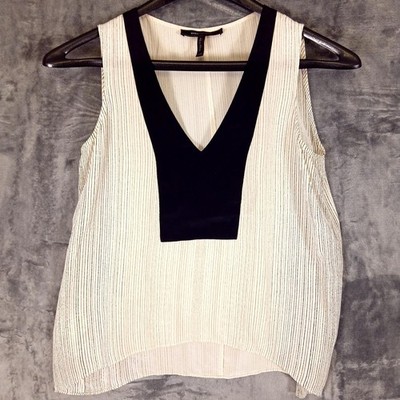 BCBG Tank Top Blouse Womens XXS White Black Silk Striped V Neck Hi Low