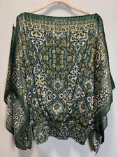 Max Studio Floral Top L Green W/Gold Metallic Kimono  Boho Scarf Multi Color