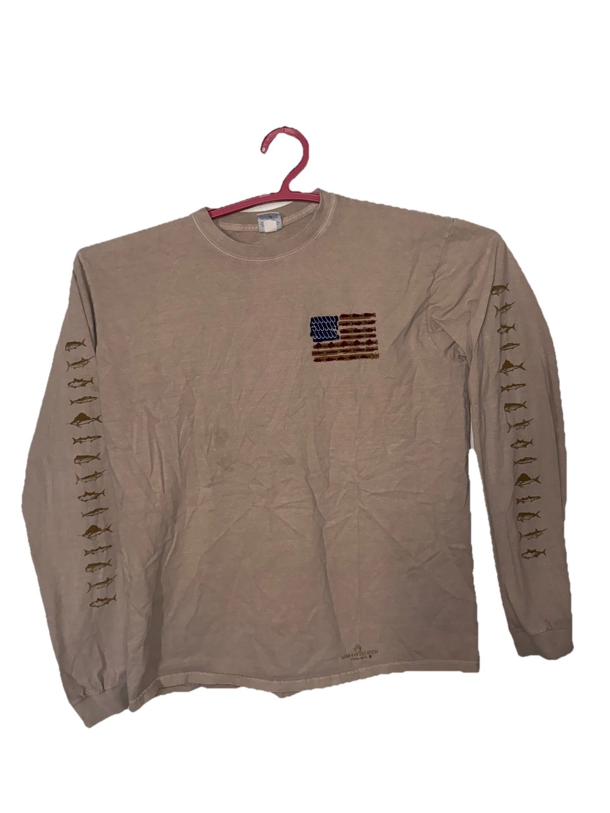 Crazy Shirts Kona Coffee Dyed Long Sleeve Fishing Hook American Flag Shirt SizeM