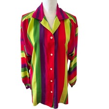 Vintage Liz Claiborne Colorful Stripe Silk Button Down Shirt Red Purple Green 8