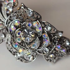 Sparkle Statement Silver Filigree Rose Barrette, AB Rhinestones Prom Wedding 4"