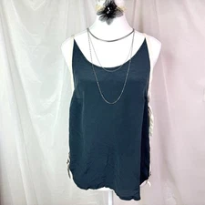 Lulu Yasmine Navy Silk Tank Top W/Ivory Trims Flowy Lightweight Minimalist