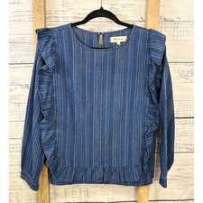 Madewell Blue Ruffle-Front Shirt in Cecile Stripe Cotton Top Size Small