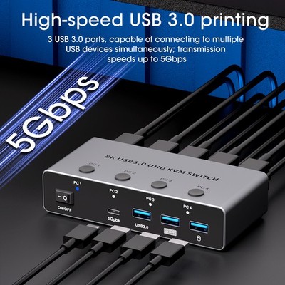 HDMI 2.1 KVM Switch for 4 computers 4-Port 8K 60Hz HDMI 2.1 USB 3.0 KVM Switch 