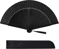 Hand Held Bamboo Silk Folding Fan, Chinese Japanese Handheld Fan with Black