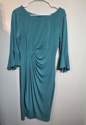 Connected Apparel Green Ruched Sheath Dress Sz 6 Bell Sleeves Corporate Polished