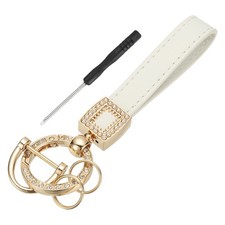 Leather Wristlet Keychain, Car Key Chain Holder with Gold Key Ring, White
