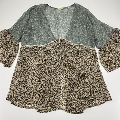 Kori America Plus 1X Open Front Kimono Leopard Bell Sleeve Boho Duster Cardigan