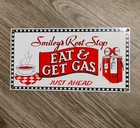 Smiley's Rest Stop Porcelain Sign Andy Rooney Eat + Get Gas Vintage 6" x 12"