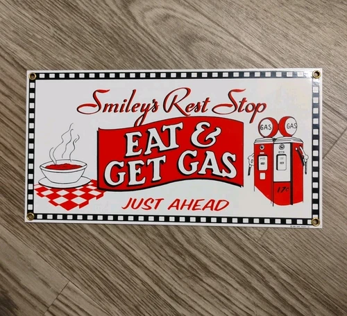 Smiley's Rest Stop Porcelain Sign Andy Rooney Eat + Get Gas Vintage 6" x 12"