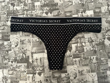 NWT Victoria's Secret Stretch Logo Cotton Thong Panty Black Small Dots MEDIUM M
