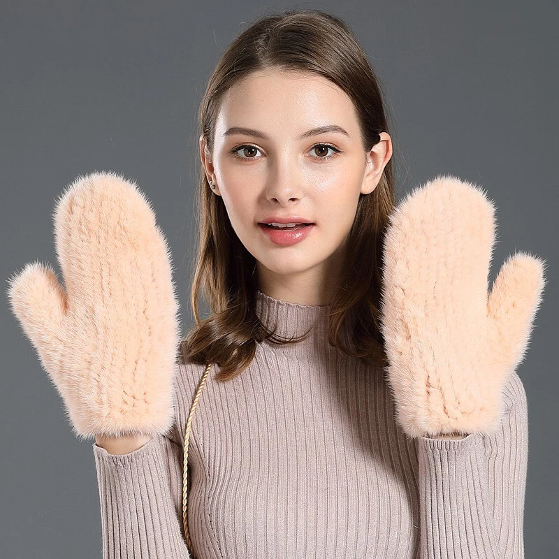 Guantes de piel de visón real para mujer tejidos cálidos muñeca elásticos guantes mangas con cuerda Foto 3 de 4