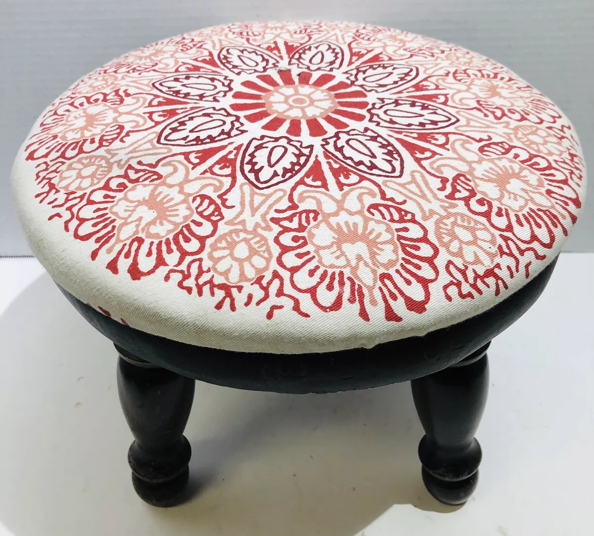 Vintage Round Foot Stool w Fabric Cover 4 Wooden Legs