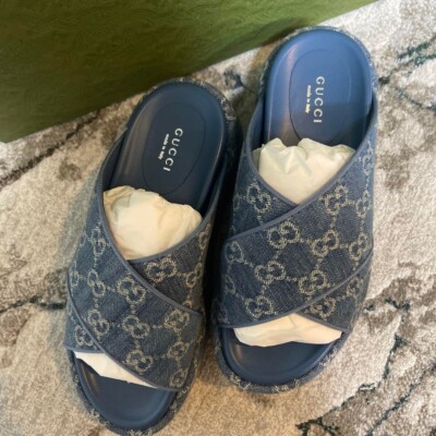 GUCCI Denim GG Logo Flat Sandals Mules Pumps Shoes Women Size EU