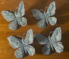 Silver Butterfly Clip Set of 4 Large 6" Wedding Decorations Sparkly Glitter New