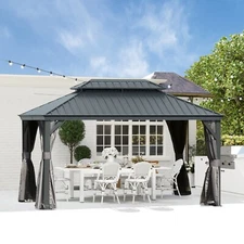 Domi 10'x14' Hardtop Gazebo w/ Gutters,Aluminum Frame &Curtains,Netting,Gray