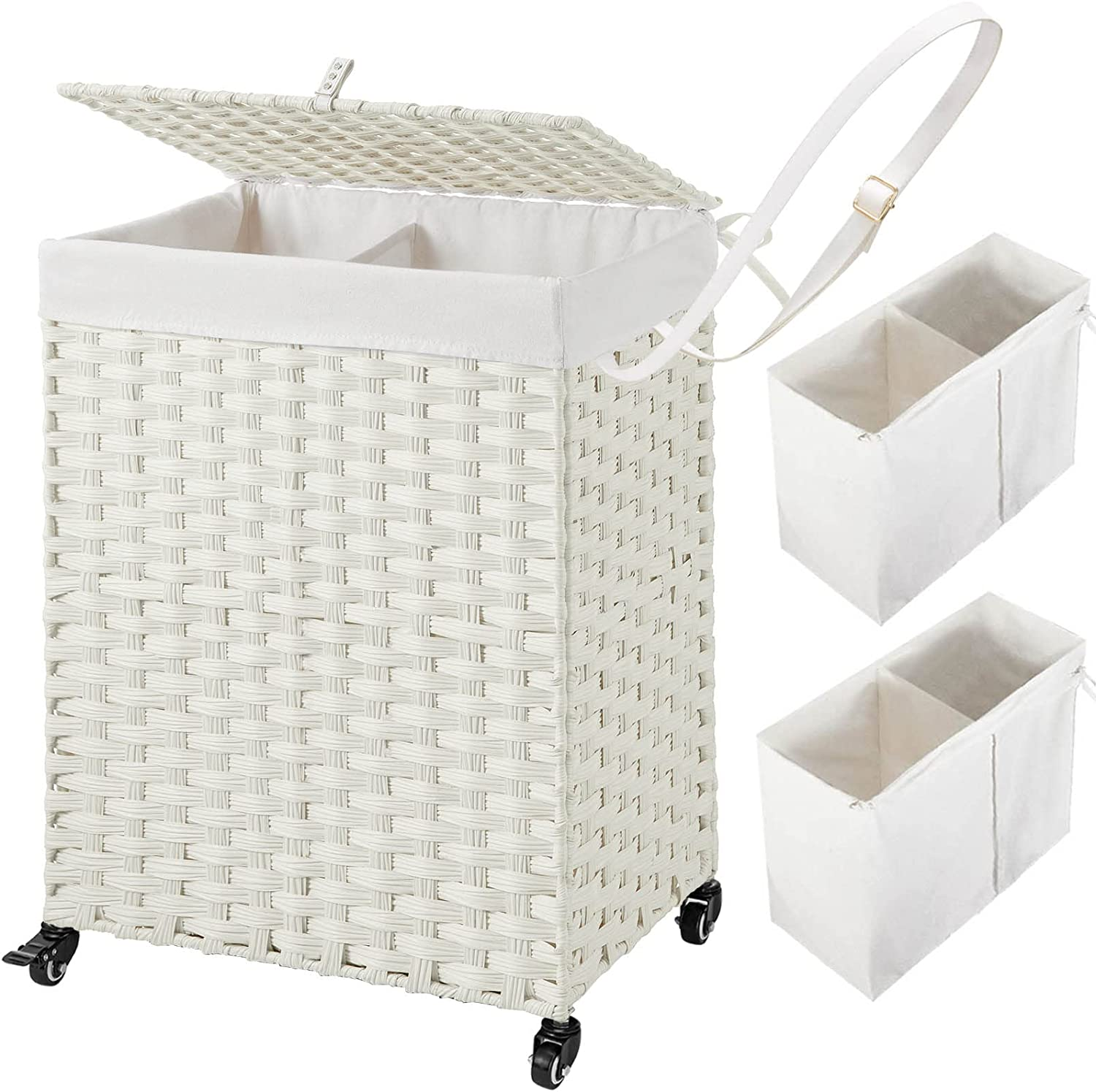 Portable 90L Divided Laundry Hamper with Wheels, No Installation Required, Includes 2 Baskets-image