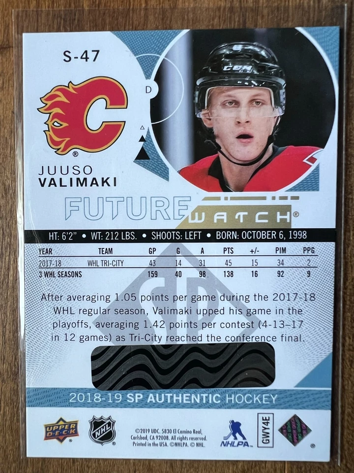 2018-19 SP Authentic UNSCRATCHED Spectrum Future Watch S-47 Juuso Valimaki - Image 2 of 2