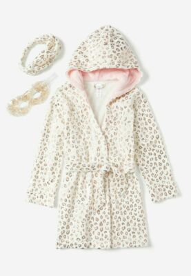 Justice Medium 10 Leopard Hooded Robe  3 piece SET Eye Mask & Head wrap Gift 