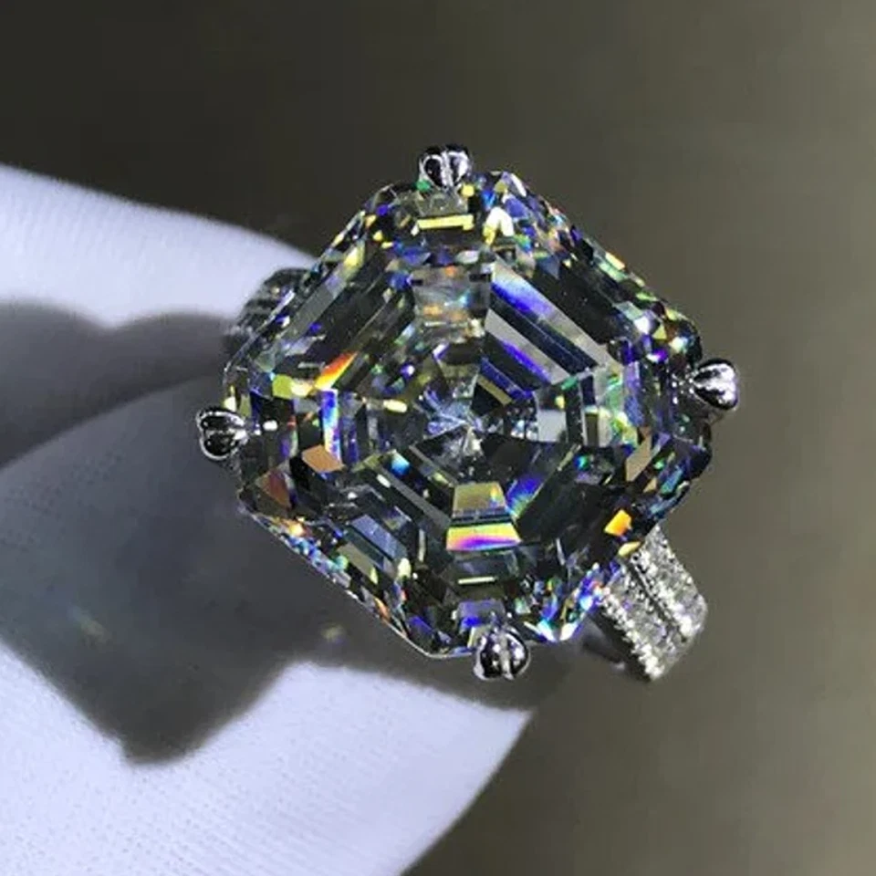 8.00 TCW Asscher Cut Moissanite Pave Set Engagement Ring 14K White Gold Plated - Image 3 of 4