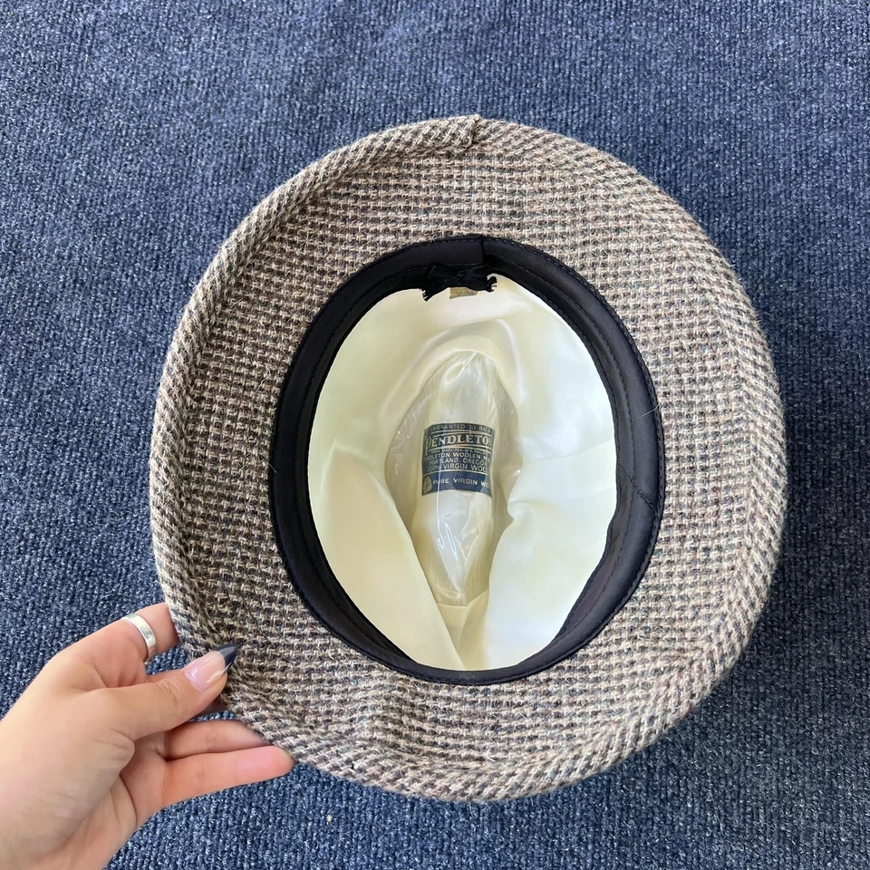 Pendleton Hat Fedora Fitted Mens 7 3/8 Gray Brown Tweed Wool Feather Trilby - Image 4 of 4