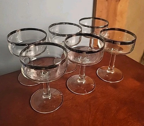 VTG Federal Glass EXECUTIVE Platinum Trim Set of 6 Champagne Sherbet Glasses 4.5