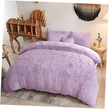 Luxury Shaggy Plush Duvet Cover Set, Soft 3 Pieces Fluffy Faux Queen Orchid
