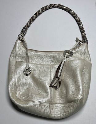 Brighton Barbados Cream Leather Hobo Shoulder Bag White Metallic Braided Handle