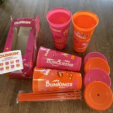 Dunkin 2025 Reusable Pack Of 4 Cups, Lids Straws DunKing DunQueen Brand New