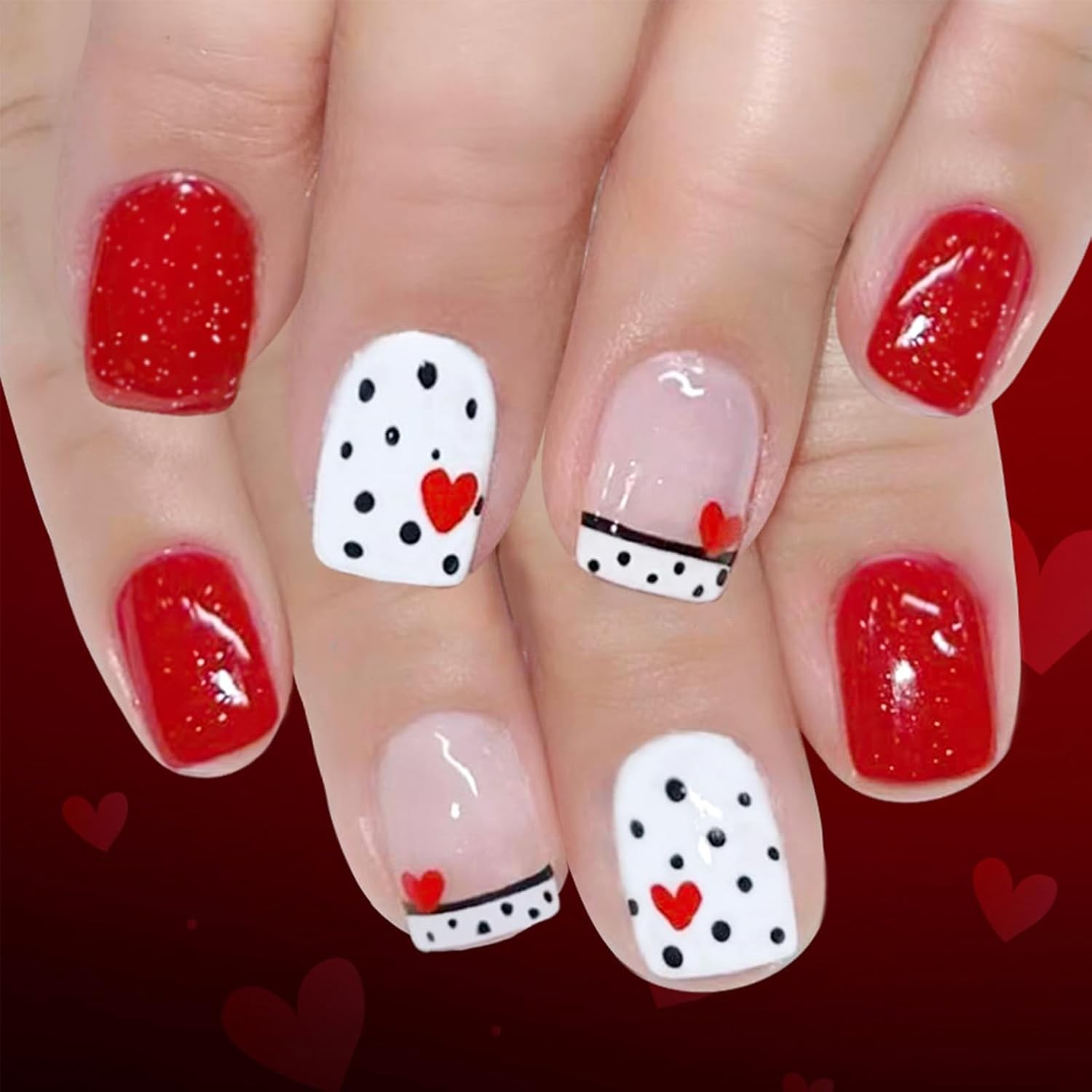 Valentines Press On Nails Short Square Red Glitter Fake Nail