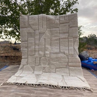New Color Ivory Handmade Moroccan Beni Ourain Berber Wool Rug Design Carpet Rug
