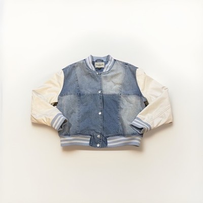 Ashley Vintage Charm Denim Varsity Jacket L Blue Snap Front Bomber Casual