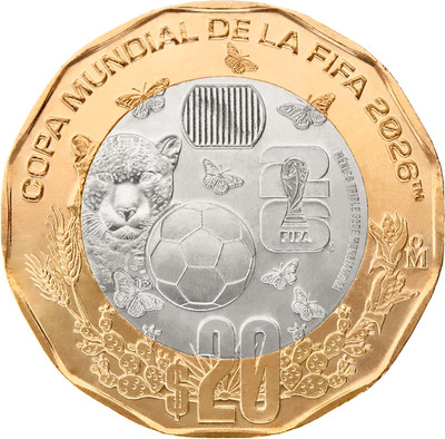 Mexico FIFA World Cup 2026 20 Pesos Bimetallic Coin UNC Jaguar Butterflies Ball