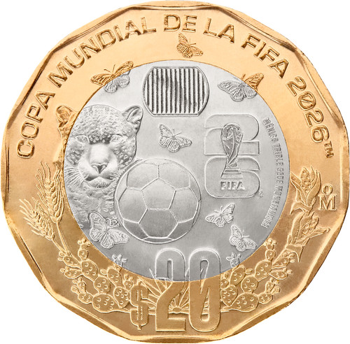 Mexico FIFA World Cup 2026 20 Pesos Bimetallic Coin UNC—Jaguar—Butterflies—Ball