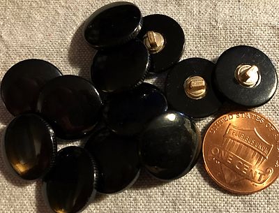12 Shiny Very Slightly Domed Black Plastic Shank Buttons 15.2mm Almost 5/8'' 8297