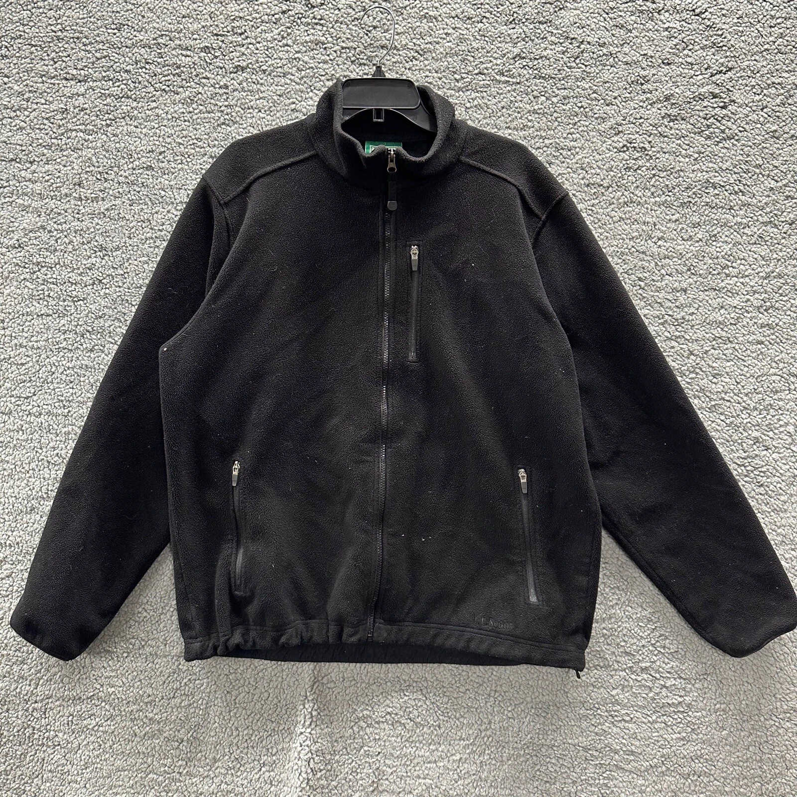 LL Bean Men's Black Fleece Jacket Full Zip Up Fleece Coat Sz L Parka Worm
