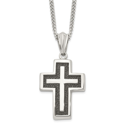 Chisel Stnls Steel Antiqued and Textured Cross Pendant Curb Chain Necklace 24''