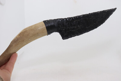 Flint Knapped Dark Burns Green Obsidian Knife Blade Hafted on Deer Antler Handle