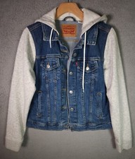 Levi's Hybrid Denim Trucker Jacket Hoodie Kids Size Large Blue Gray Fleece