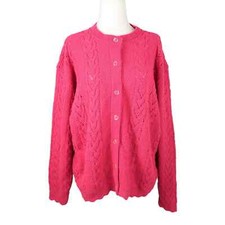 Vintage 90s hot pink heart cable knit cardigan sweater L