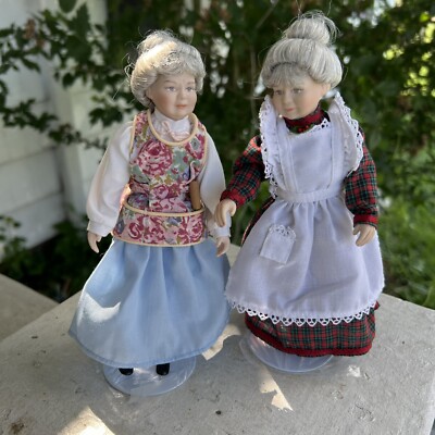 2 Vintage Porcelain Granny Dolls with Stands