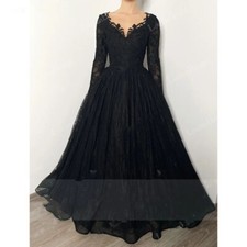 Gothic Black Lace Appliques Wedding Dresses V Neck Long Sleeves Bridal Gowns