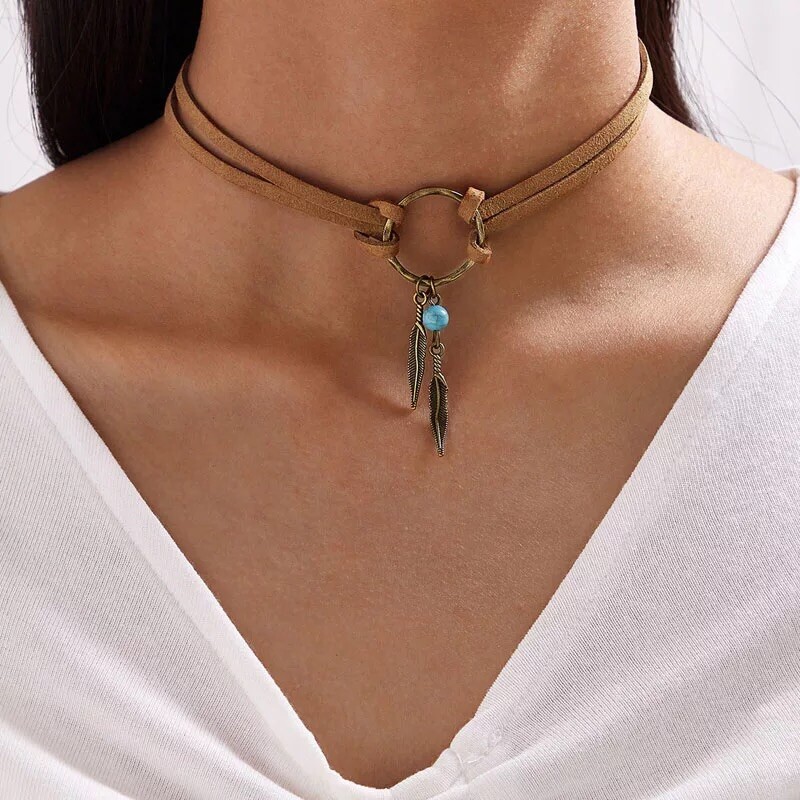 Soft Leather Brown Choker Necklace w/ Feather Charms, Bohemian