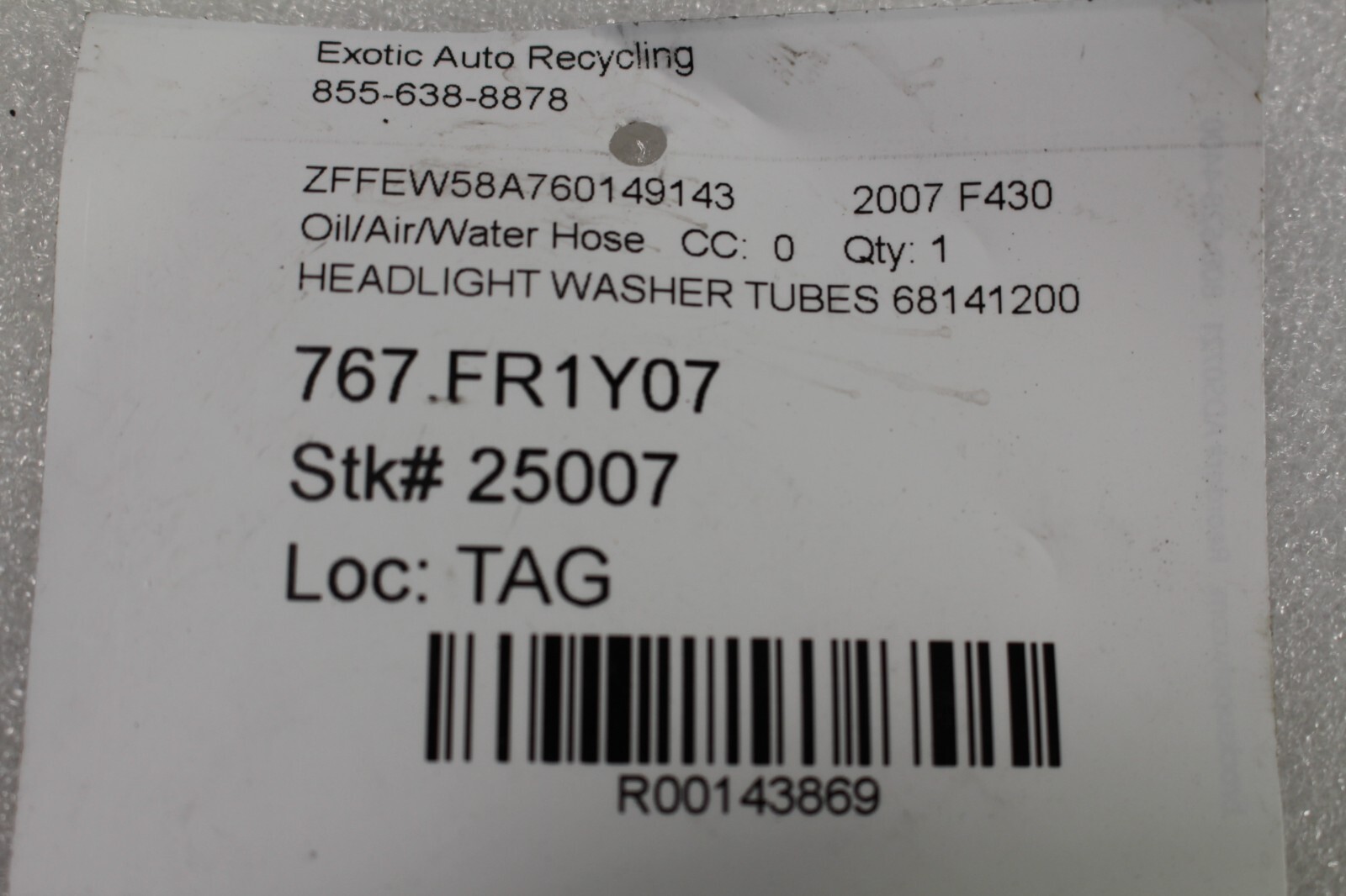 Ferrari F430 Coupe, Spider, Headlight Washer Squirter Hose, Used, P/N 68141200