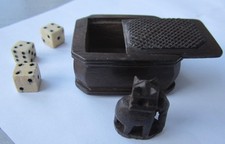 Antique Miniature carved Wooden Box + tiny carved wood elephant + bone dice
